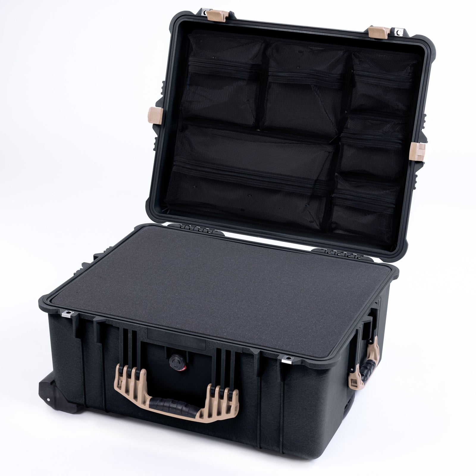 Pelican 1610 Case, Black with Desert Tan Handles and Latches - Pick & Pluck Foam / Mesh Lid Organizer