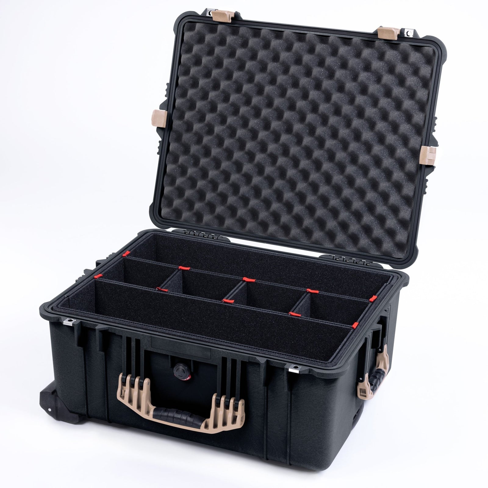 Pelican 1610 Case, Black with Desert Tan Handles and Latches - TrekPak Divider System / Convoluted Lid Foam