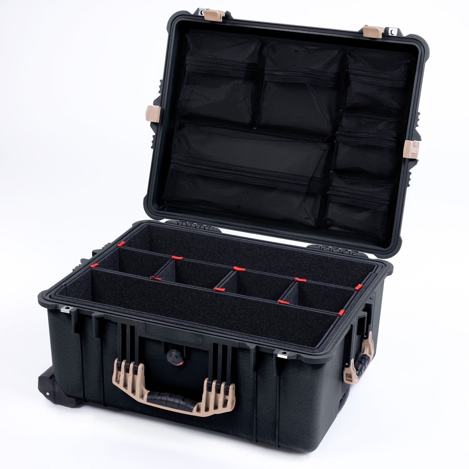 Pelican 1610 Case, Black with Desert Tan Handles and Latches - TrekPak Divider System / Mesh Lid Organizer
