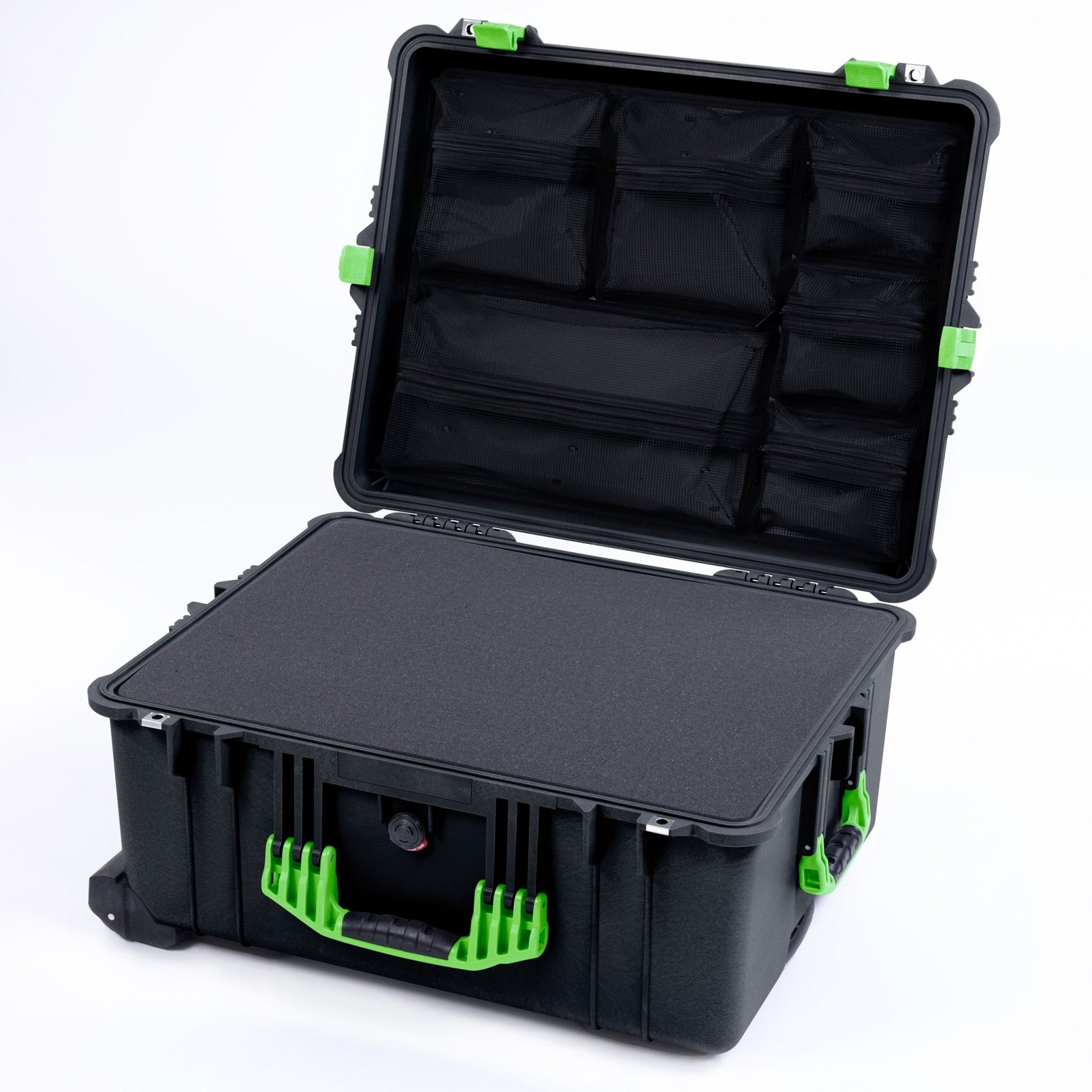 Pelican 1610 Case, Black with Lime Green Handles and Latches - Pick & Pluck Foam / Mesh Lid Organizer