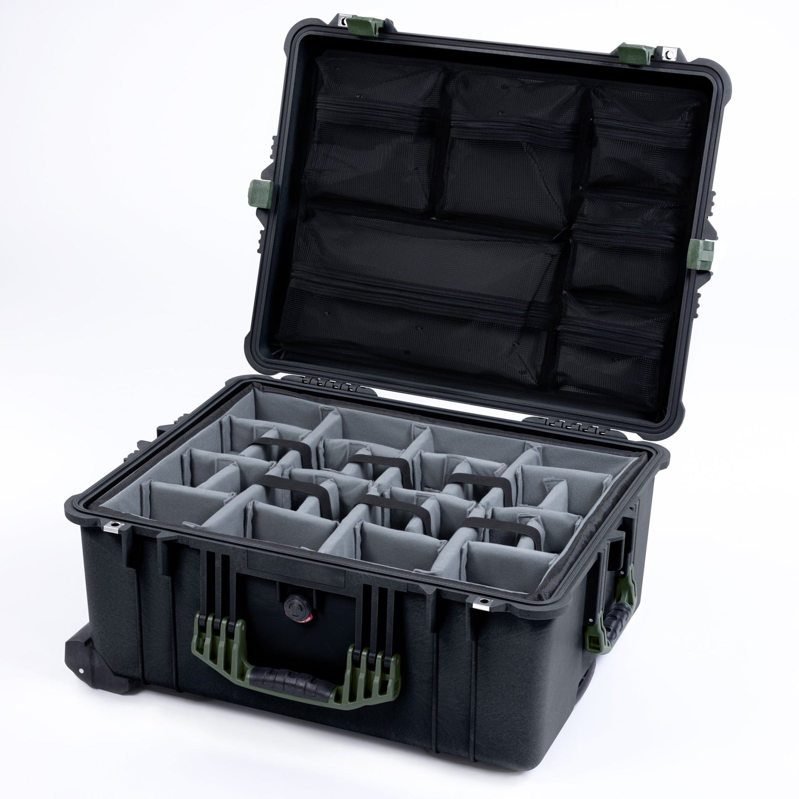 Pelican 1610 Case, Black with OD Green Handles and Latches - Padded Microfiber Dividers / Mesh Lid Organizer