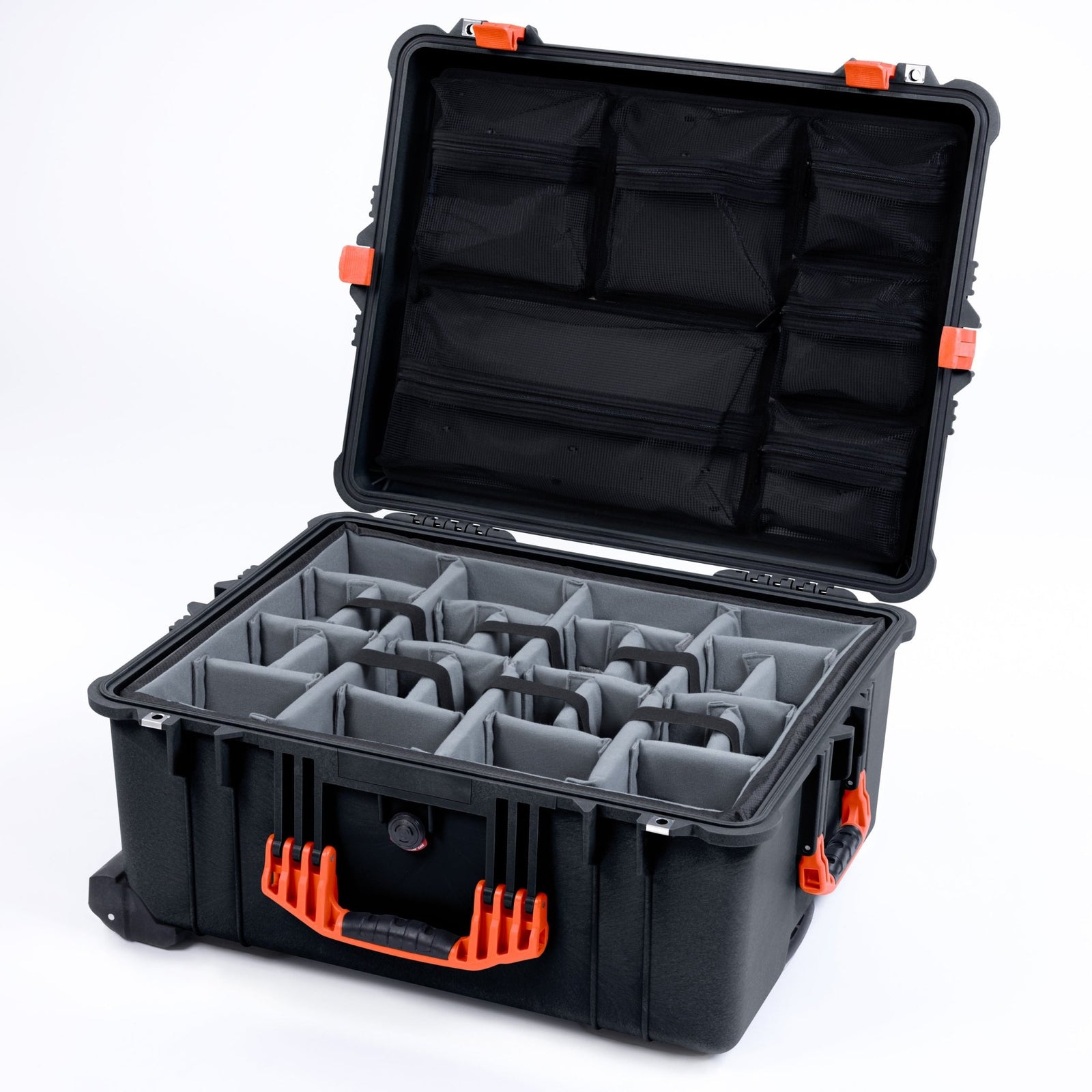 Pelican 1610 Case, Black with Orange Handles and Latches - Padded Microfiber Dividers / Mesh Lid Organizer