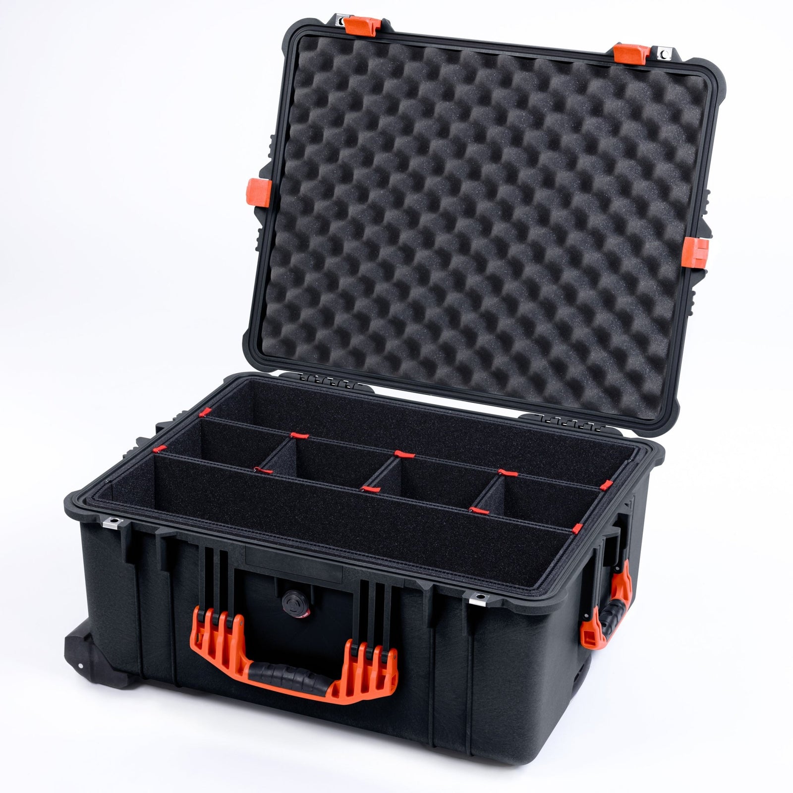 Pelican 1610 Case, Black with Orange Handles and Latches - TrekPak Divider System / Convoluted Lid Foam
