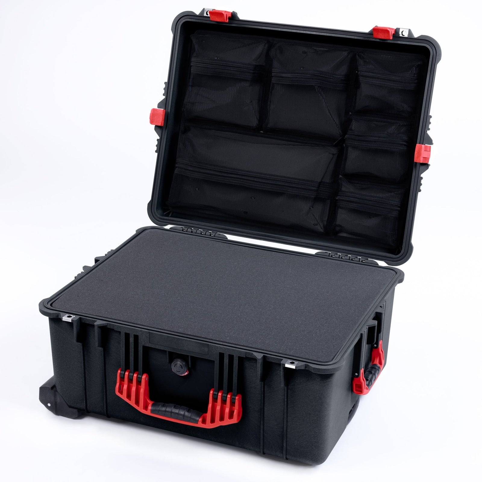 Pelican 1610 Case, Black with Red Handles and Latches - Pick & Pluck Foam / Mesh Lid Organizer