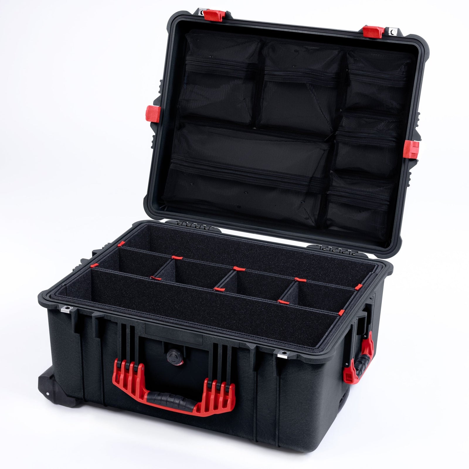 Pelican 1610 Case, Black with Red Handles and Latches - TrekPak Divider System / Mesh Lid Organizer