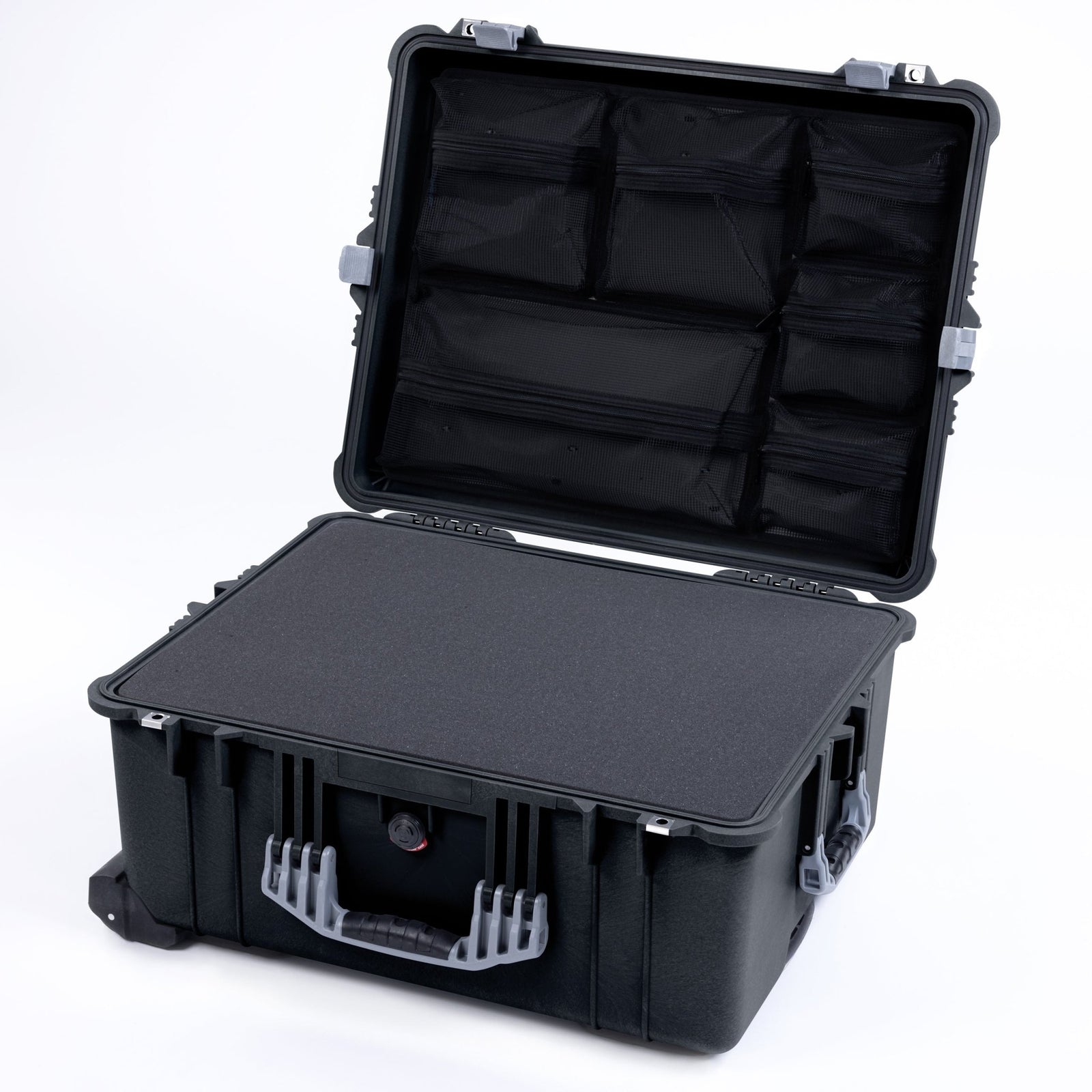 Pelican 1610 Case, Black with Silver Handles and Latches - Pick & Pluck Foam / Mesh Lid Organizer