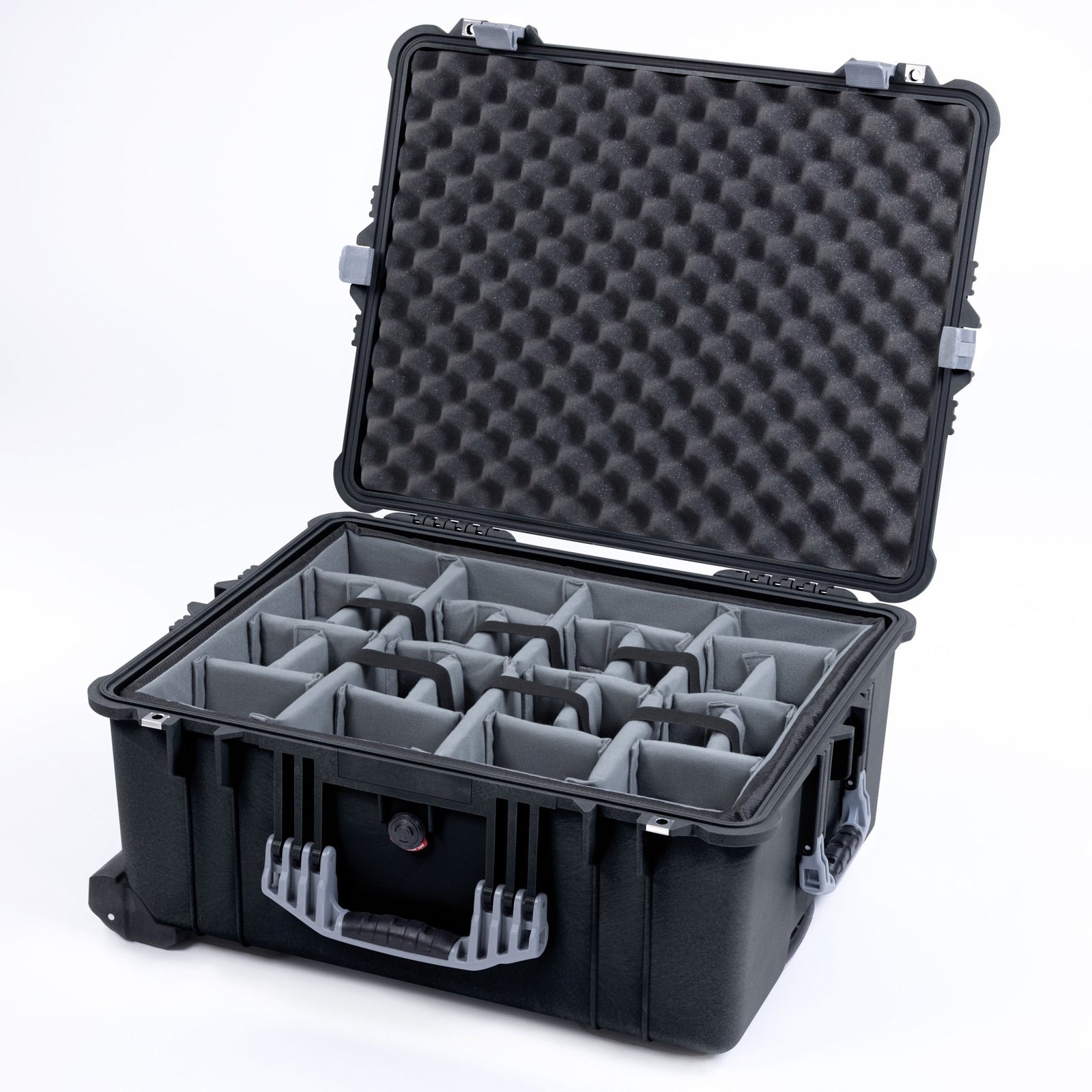 Pelican 1610 Case, Black with Silver Handles and Latches - Padded Microfiber Dividers / Convoluted Lid Foam