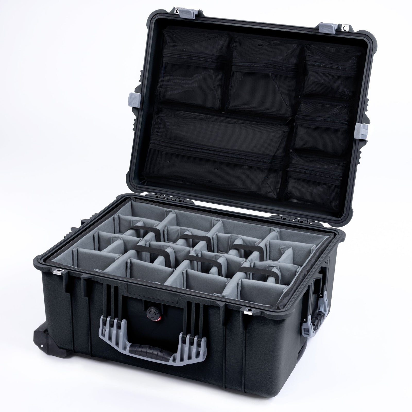 Pelican 1610 Case, Black with Silver Handles and Latches - Padded Microfiber Dividers / Mesh Lid Organizer