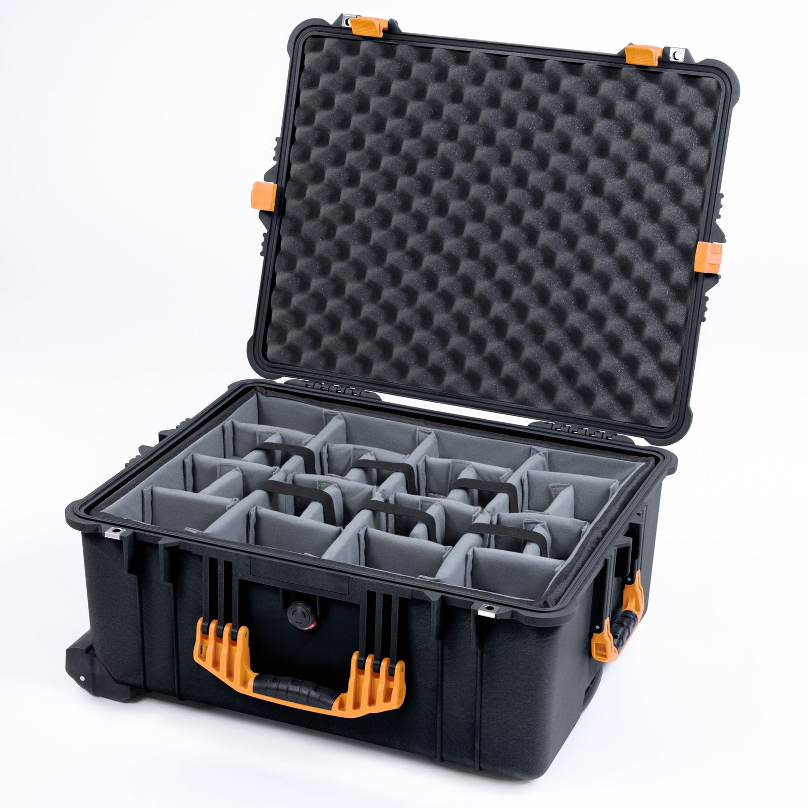 Pelican 1610 Case, Black with Yellow Handles and Latches - Padded Microfiber Dividers / Convoluted Lid Foam