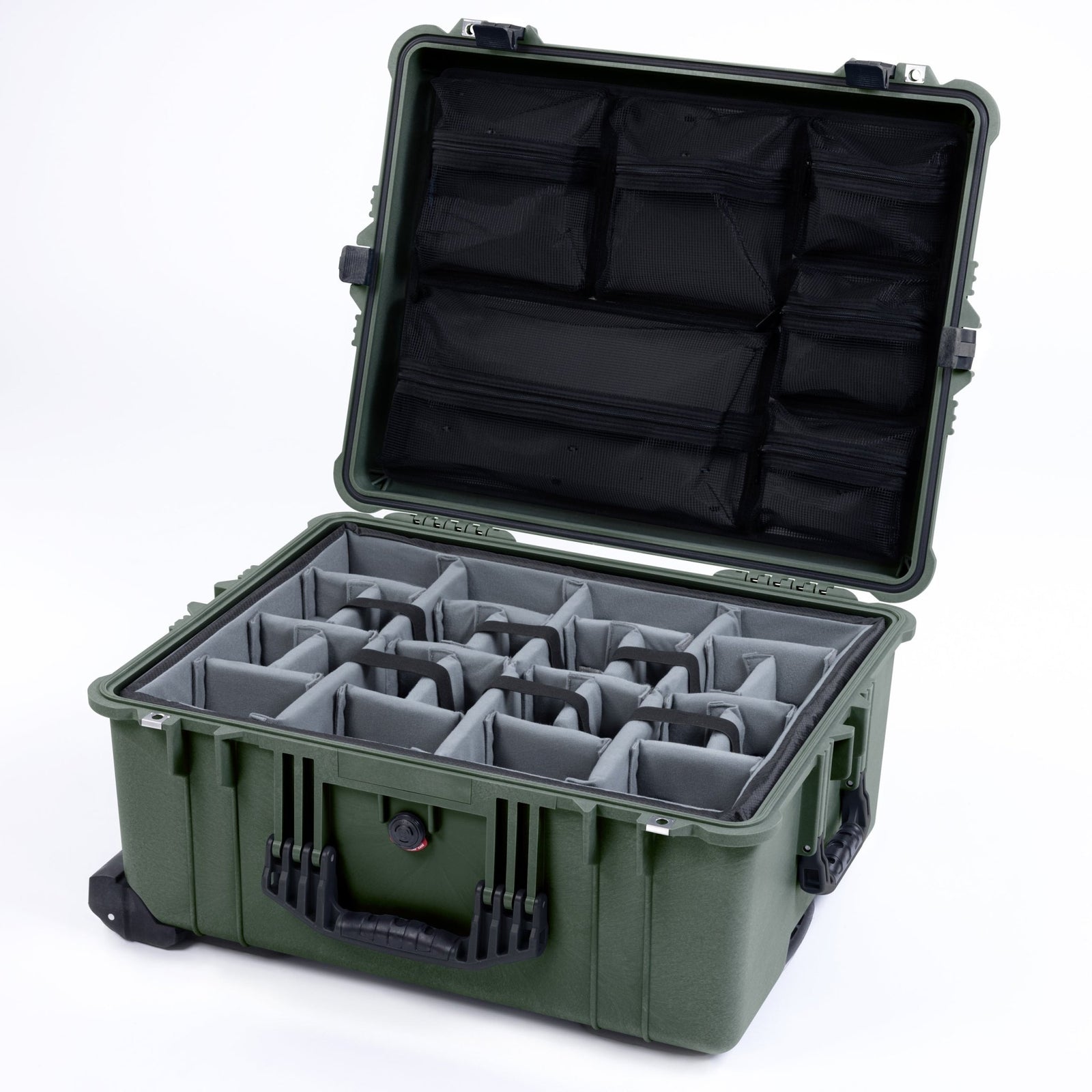 Pelican 1610 Case, OD Green with Black Handles and Latches - Padded Microfiber Dividers / Mesh Lid Organizer