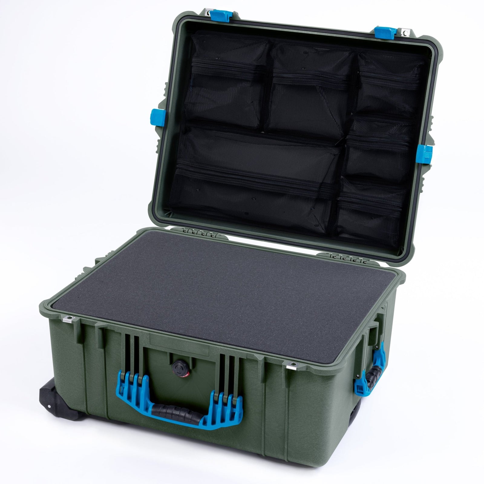 Pelican 1610 Case, OD Green with Blue Handles and Latches - Pick & Pluck Foam / Mesh Lid Organizer