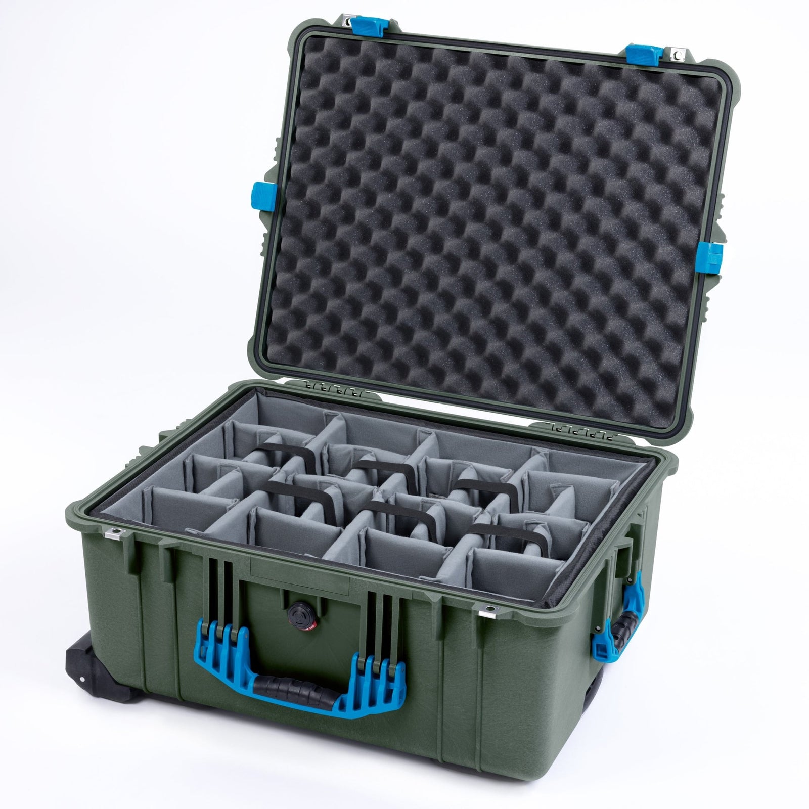 Pelican 1610 Case, OD Green with Blue Handles and Latches - Padded Microfiber Dividers / Convoluted Lid Foam