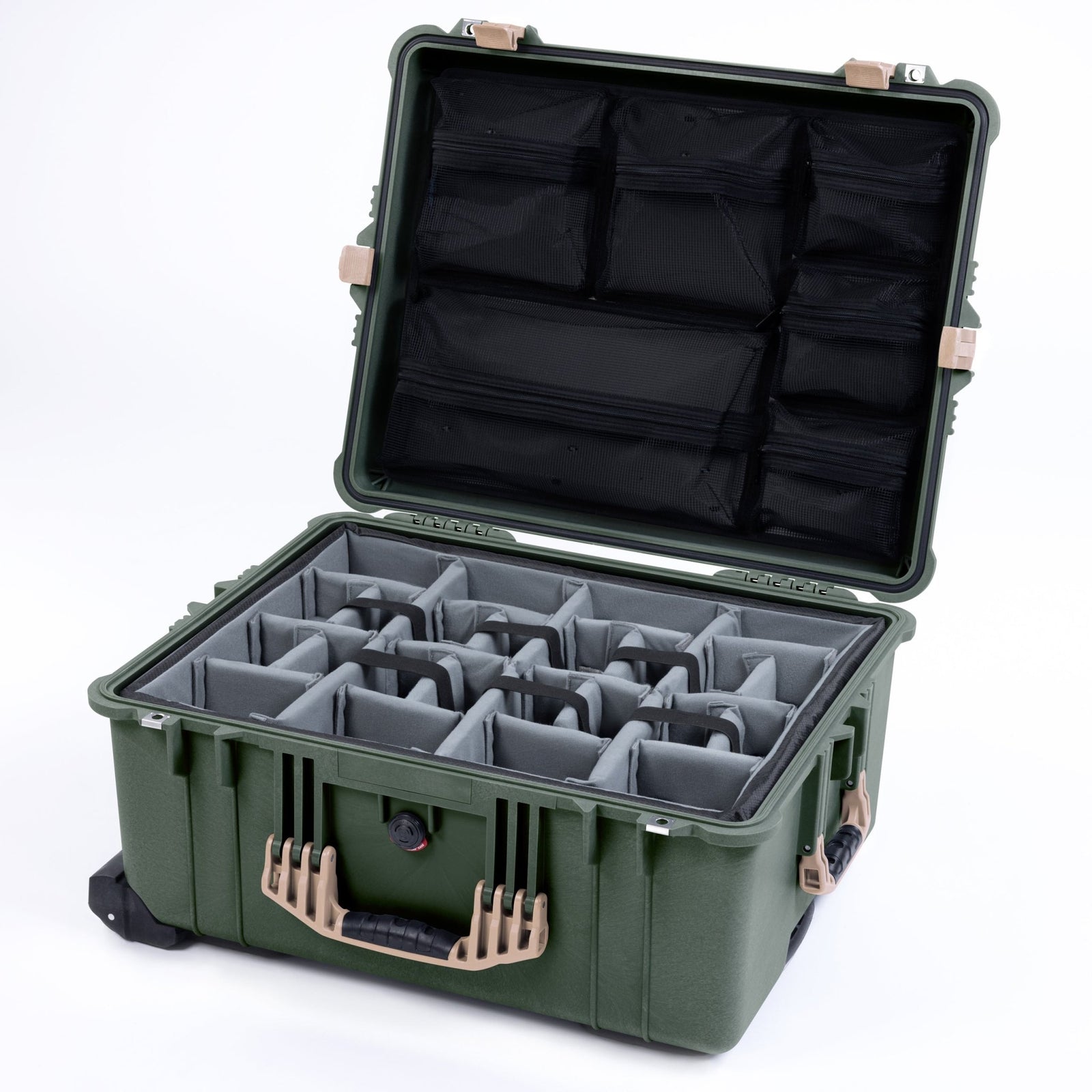 Pelican 1610 Case, OD Green with Desert Tan Handles and Latches - Padded Microfiber Dividers / Mesh Lid Organizer
