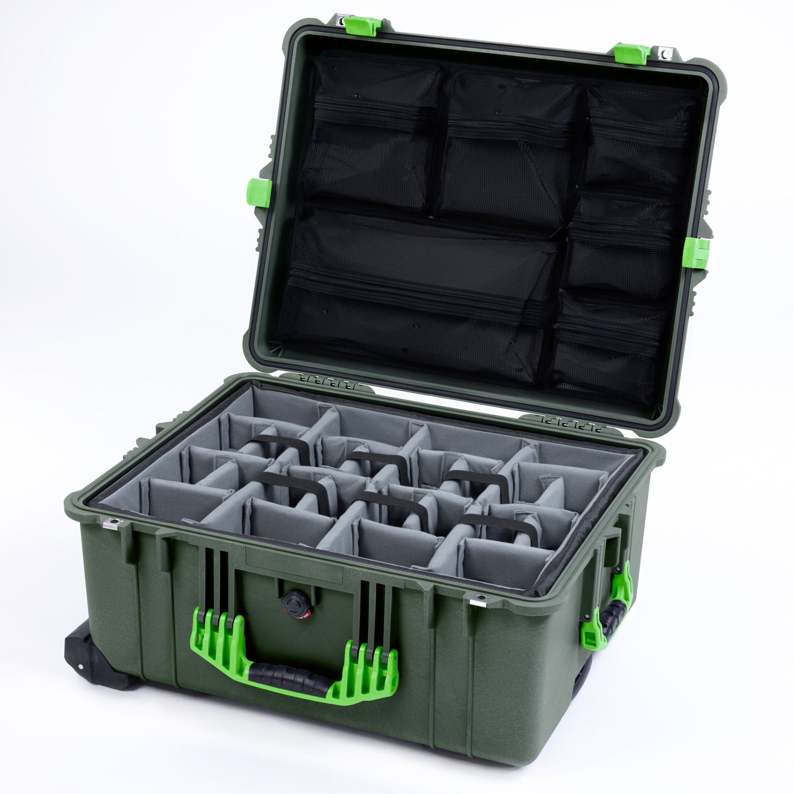 Pelican 1610 Case, OD Green with Lime Green Handles and Latches - Padded Microfiber Dividers / Mesh Lid Organizer