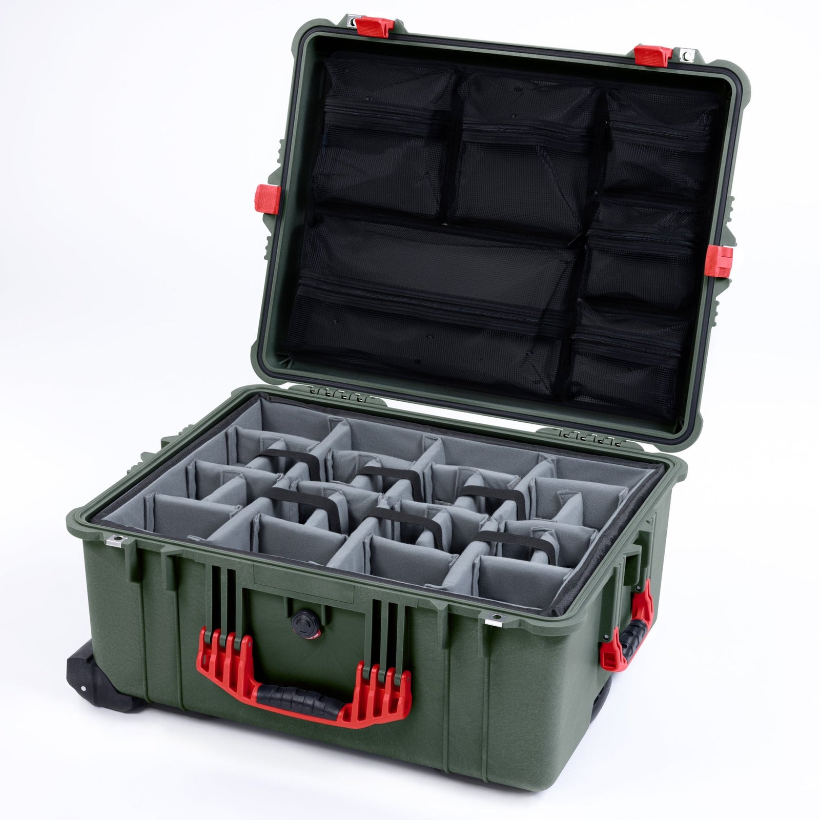 Pelican 1610 Case, OD Green with Red Handles and Latches - Padded Microfiber Dividers / Mesh Lid Organizer