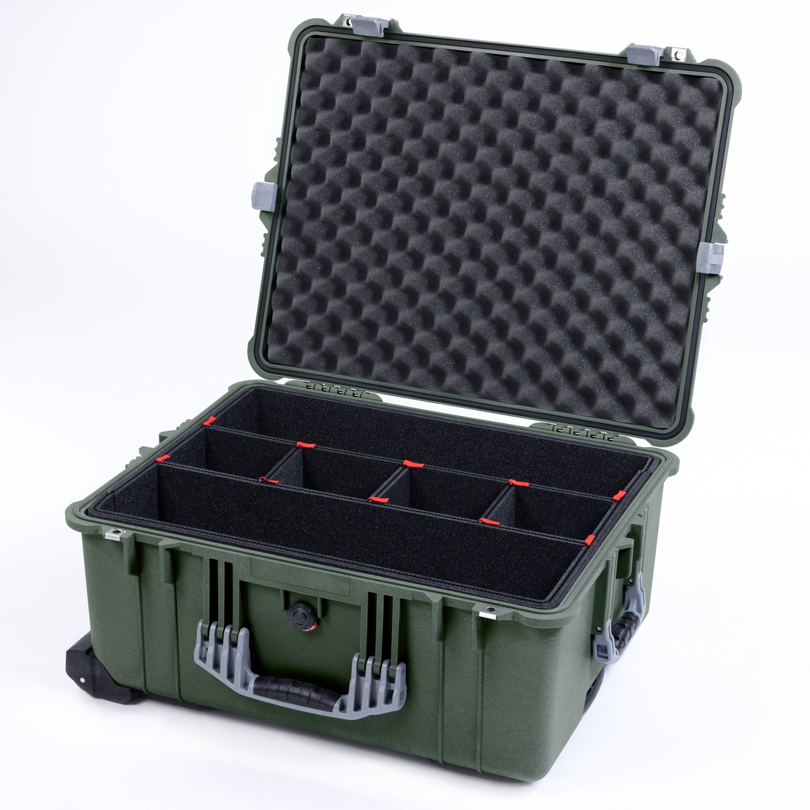 Pelican 1610 Case, OD Green with Silver Handles and Latches - TrekPak Divider System / Convoluted Lid Foam