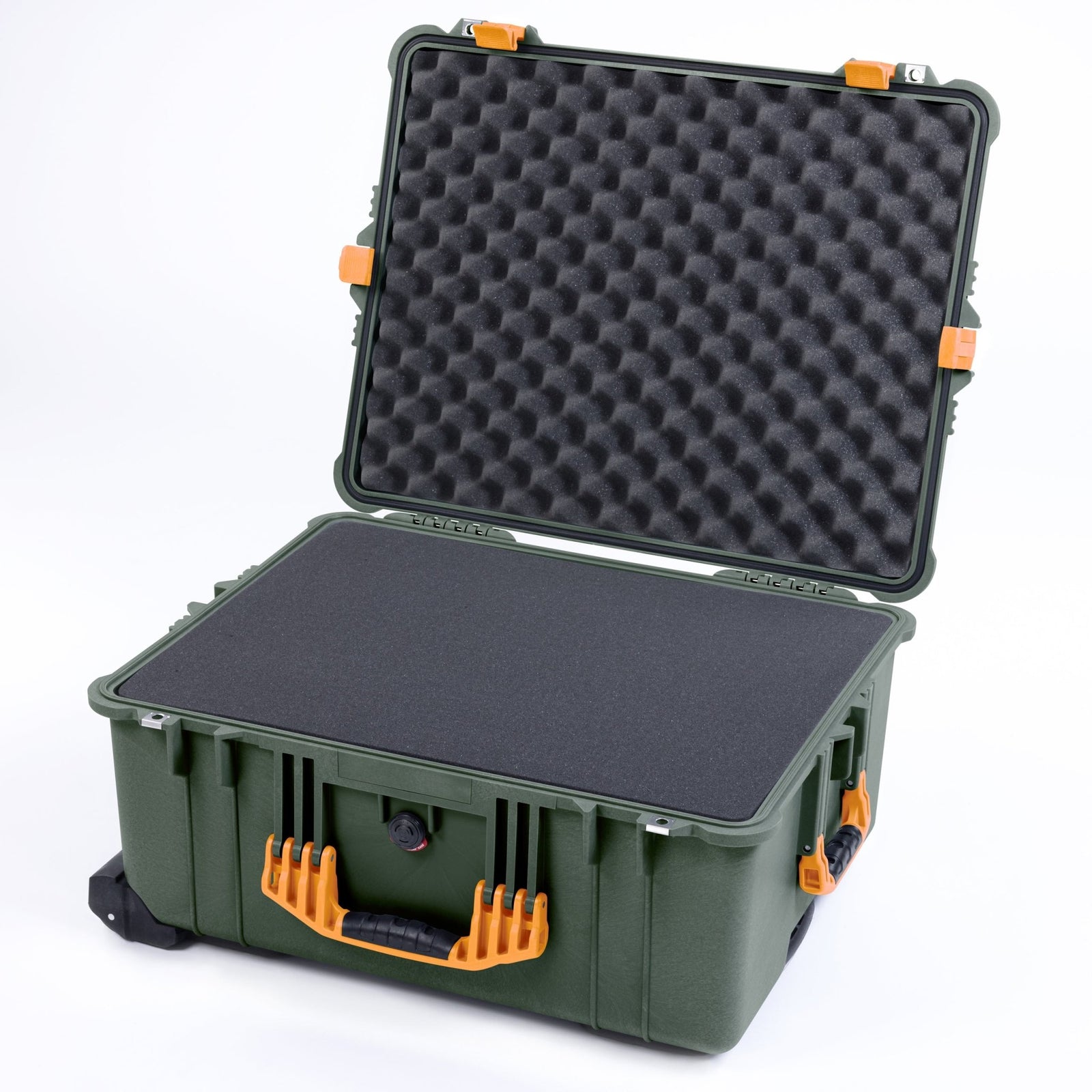 Pelican 1610 Case, OD Green with Yellow Handles and Latches - Pick & Pluck Foam / Lid Foam