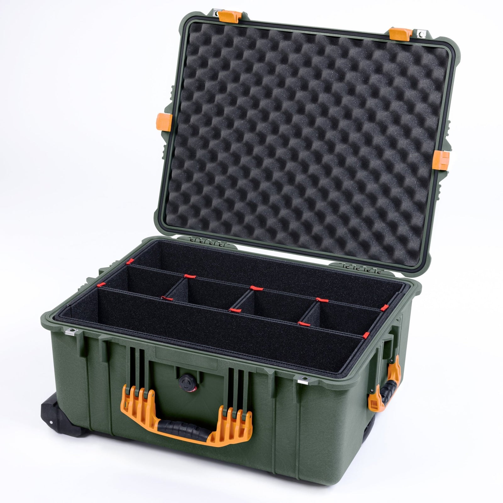 Pelican 1610 Case, OD Green with Yellow Handles and Latches - TrekPak Divider System / Convoluted Lid Foam