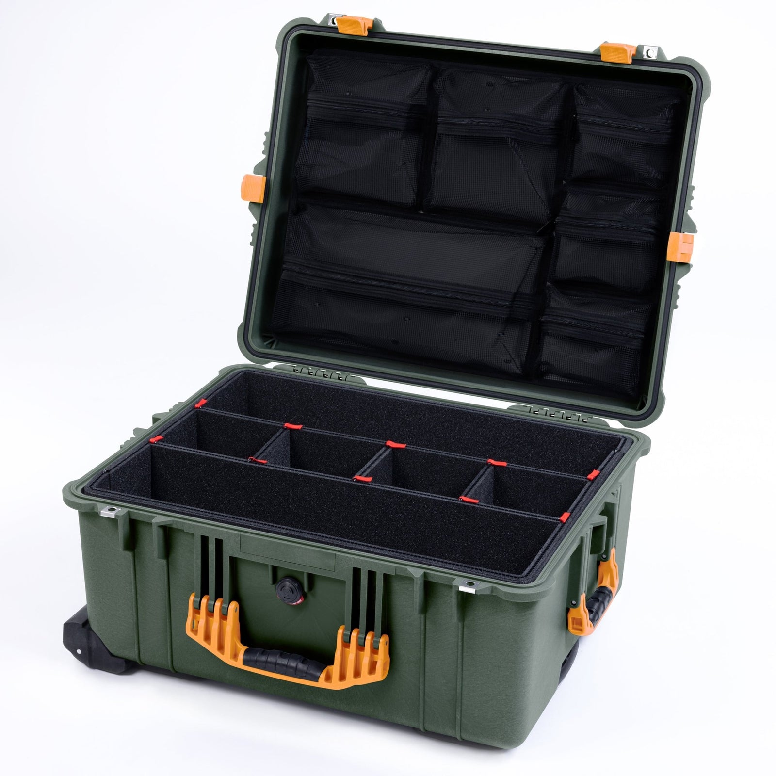 Pelican 1610 Case, OD Green with Yellow Handles and Latches - TrekPak Divider System / Mesh Lid Organizer