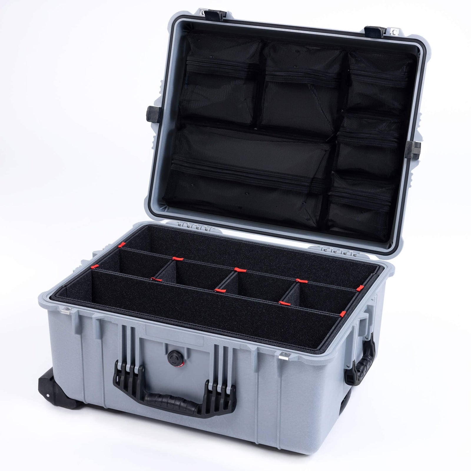 Pelican 1610 Case, Silver with Black Handles and Latches TrekPak Divider System with Mesh Lid Organizer ColorCase 016100-0120-180-110