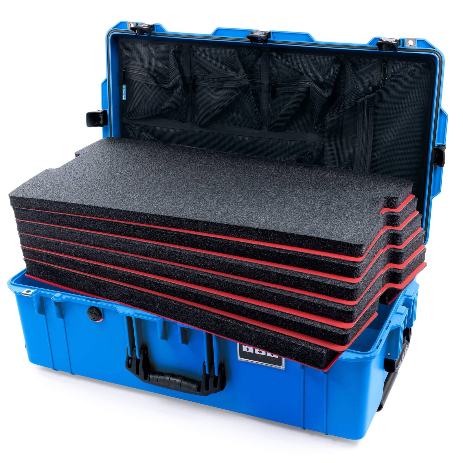 Pelican 1615 Air Case - Electric Blue & Black TSA Latches + Trolley - DIY Tool Foam Kit / Mesh Lid Organizer