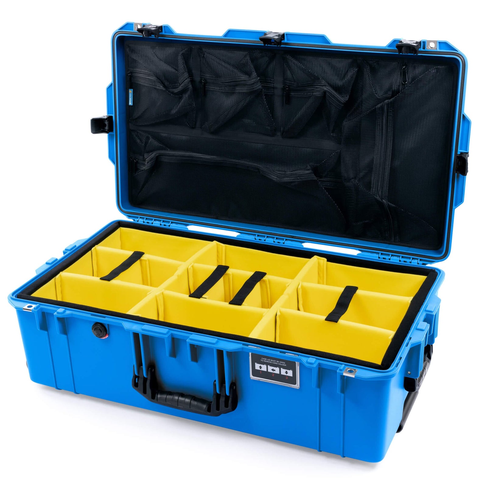 Pelican 1615 Air Case - Electric Blue & Black TSA Latches + Trolley - Yellow Padded Microfiber Dividers / Mesh Lid Organizer