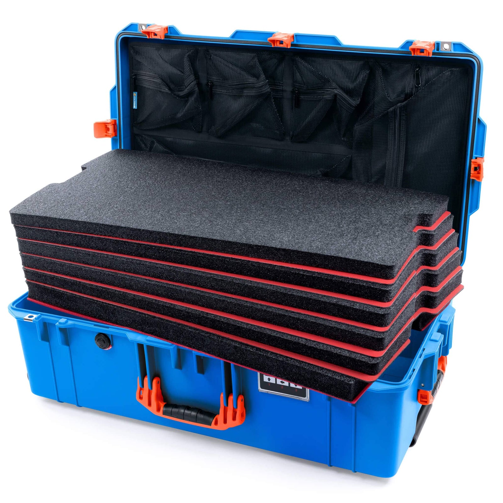 Pelican 1615 Air Case - Electric Blue & Orange - DIY Tool Foam Kit / Mesh Lid Organizer
