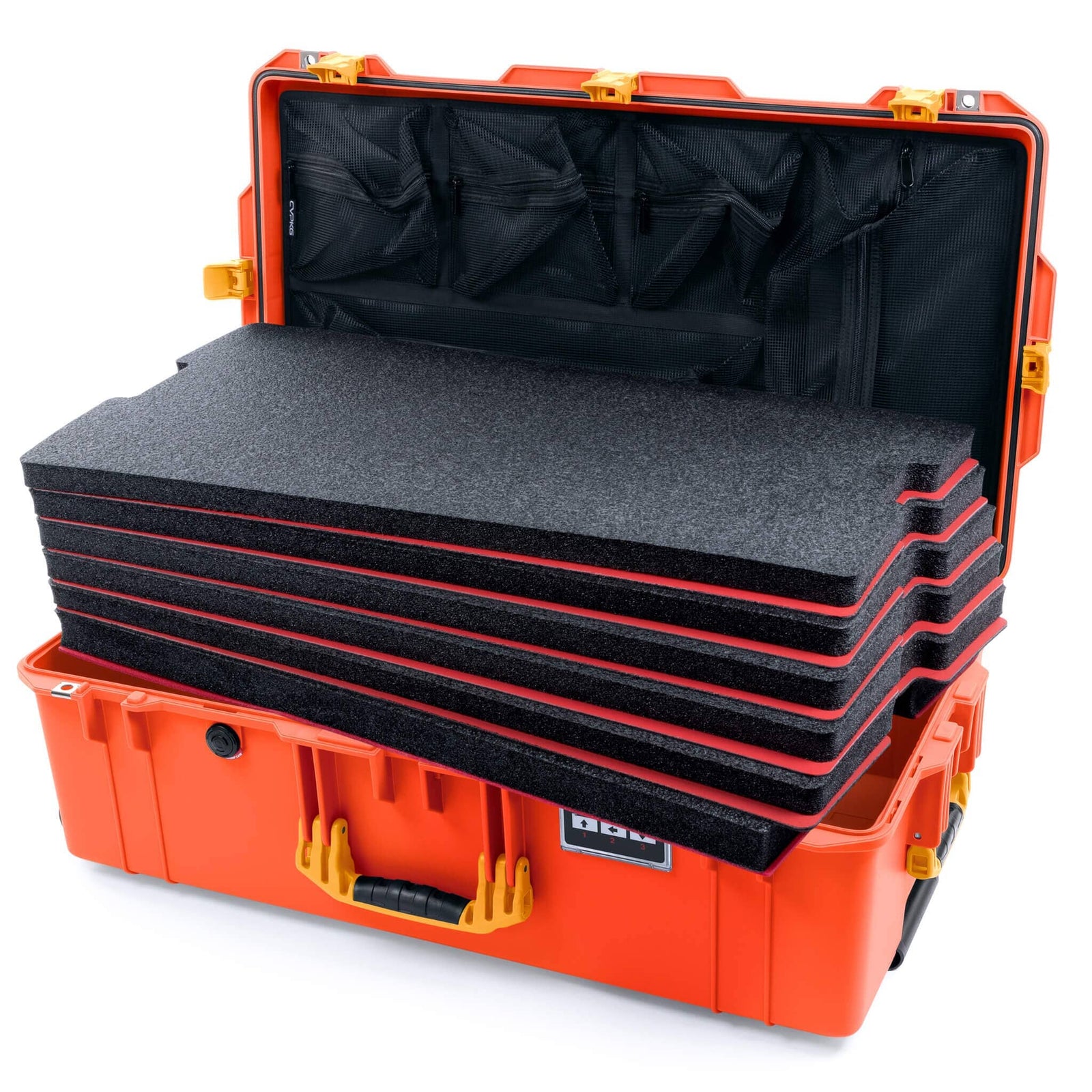 Pelican 1615 Air Case - Orange & Yellow Custom Tool Kit (6 Foam Inserts with Mesh Lid Organizer) ColorCase 016150-0160-150-241