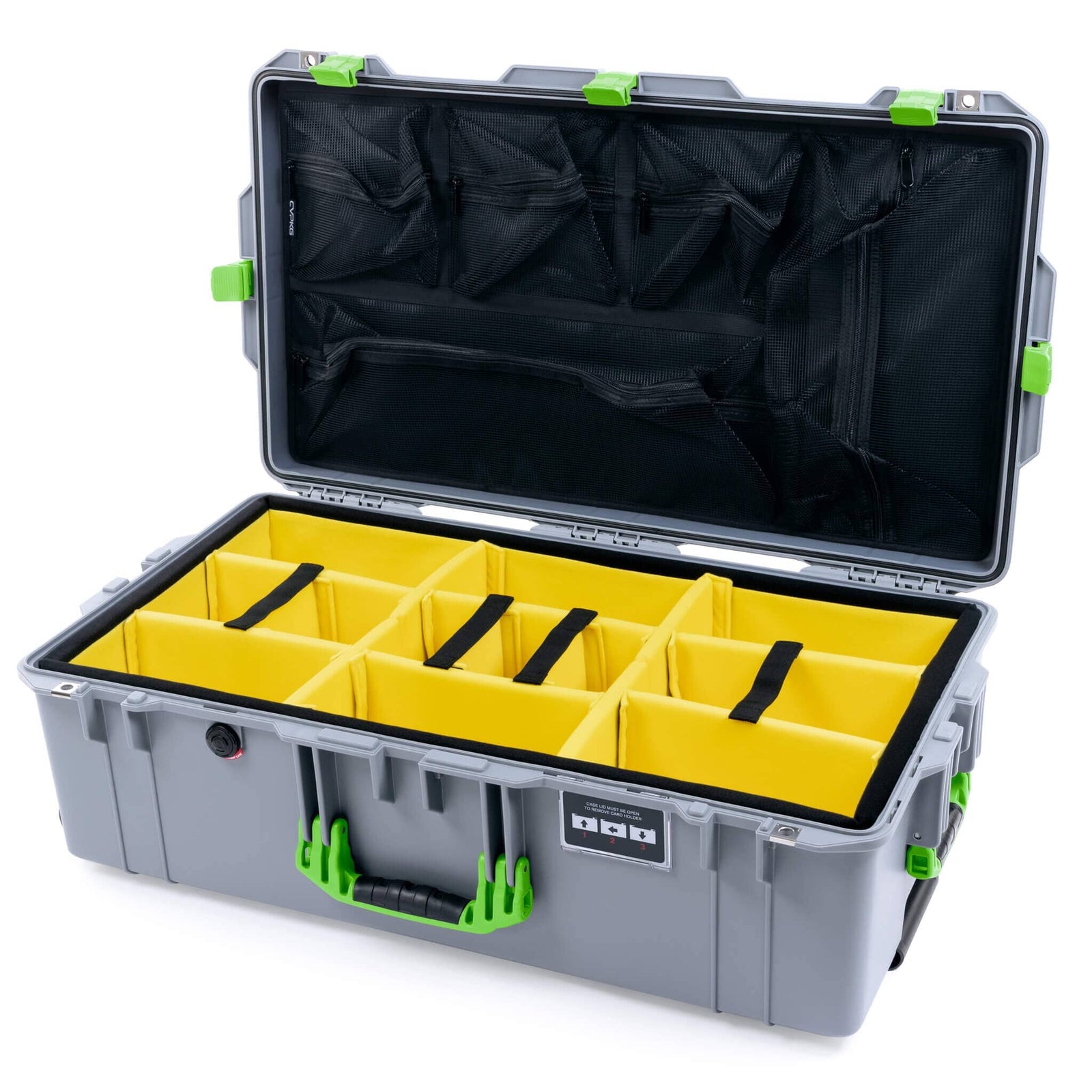 Pelican 1615 Air Case - Silver & Lime Green Yellow Padded Microfiber Dividers with Mesh Lid Organizer ColorCase 016150-0110-180-301