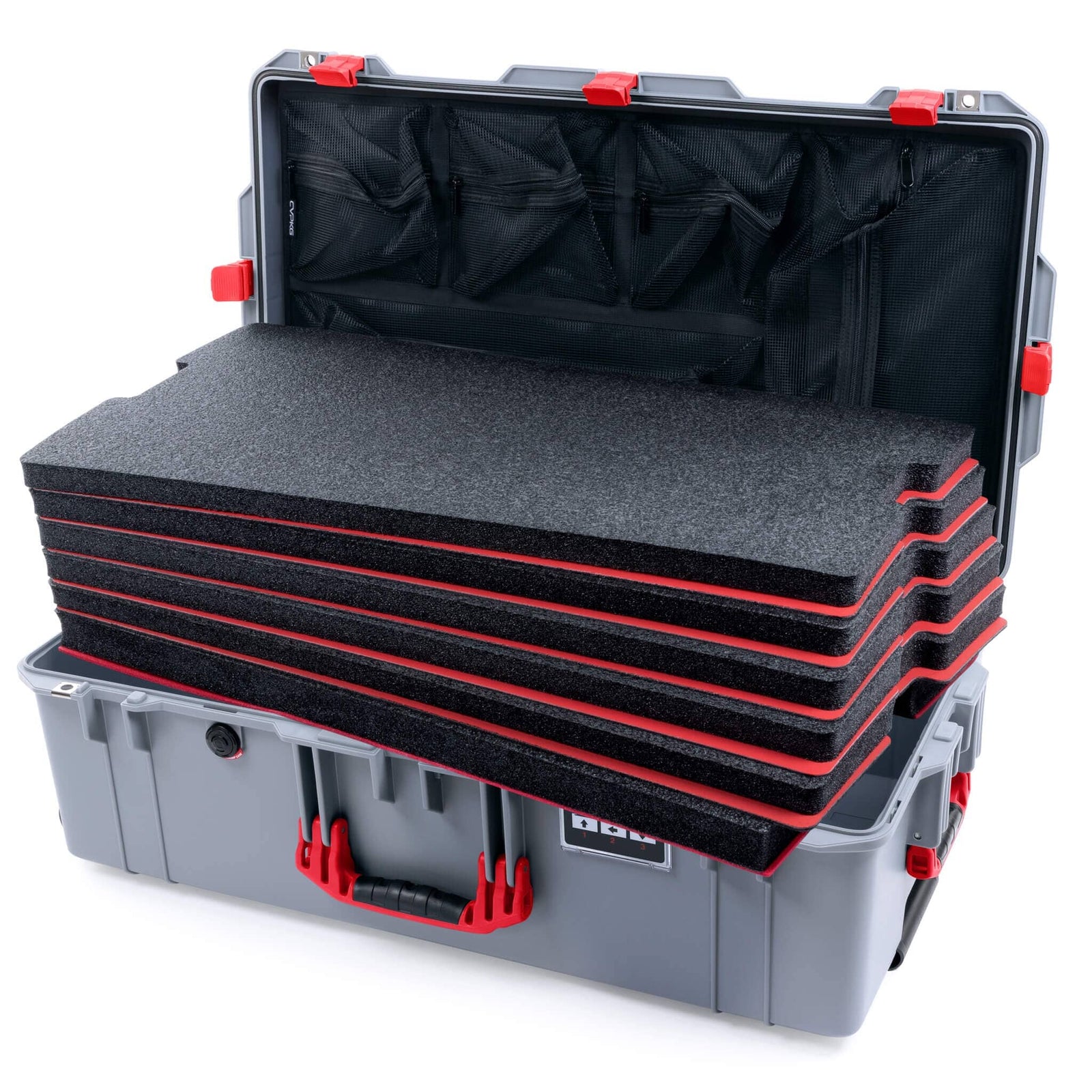 Pelican 1615 Air Case - Silver & Red Custom Tool Kit (6 Foam Inserts with Mesh Lid Organizer) ColorCase 016150-0160-180-321