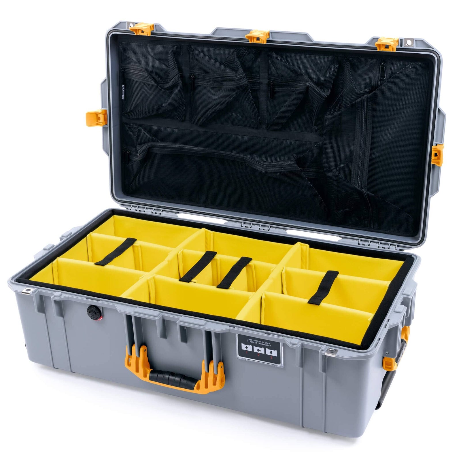Pelican 1615 Air Case - Silver & Yellow Yellow Padded Microfiber Dividers with Mesh Lid Organizer ColorCase 016150-0110-180-241