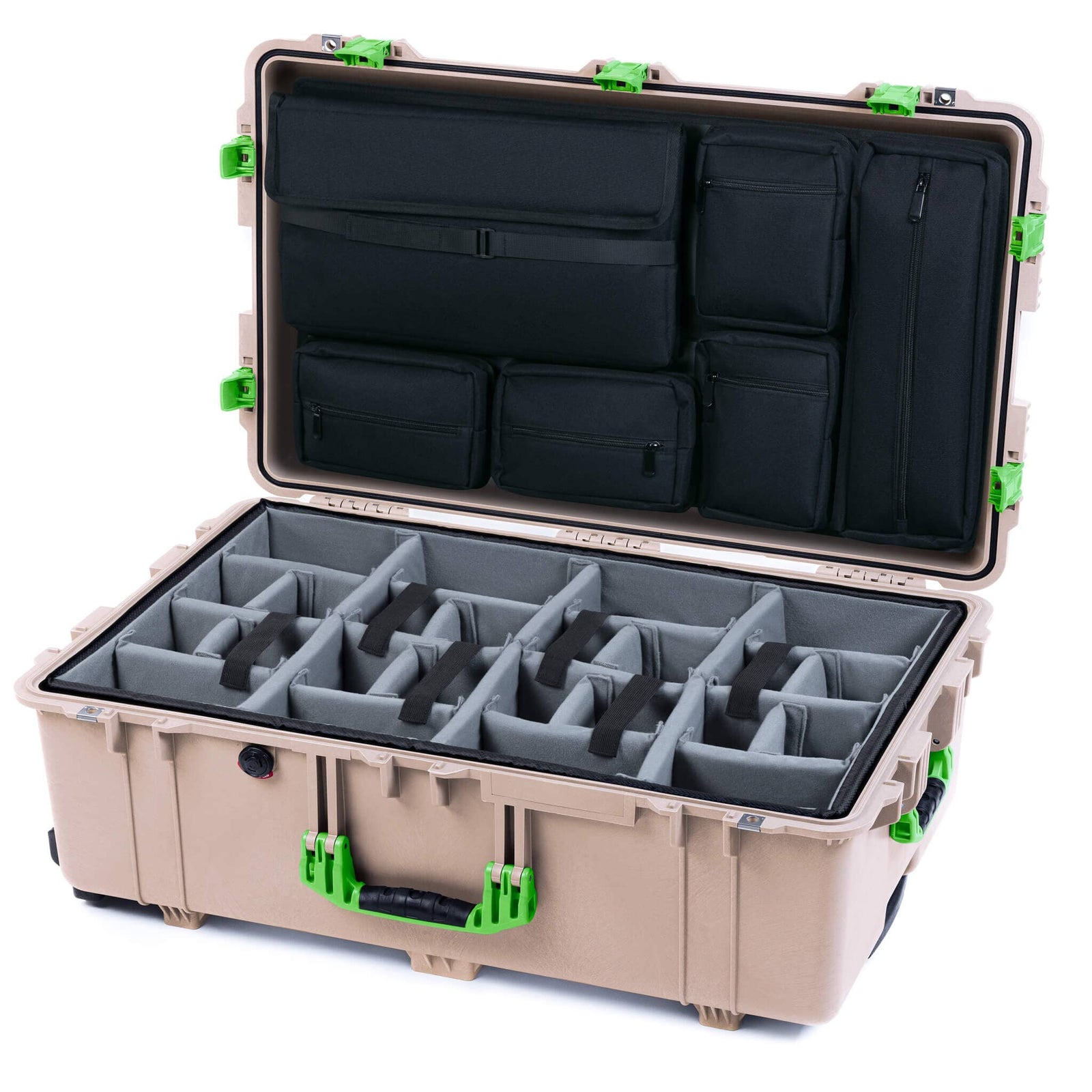Pelican 1650 Case, Desert Tan with Lime Green Handles & Push-Button Latches Gray Padded Microfiber Dividers with Laptop Computer Lid Pouch ColorCase 016500-0270-310-301