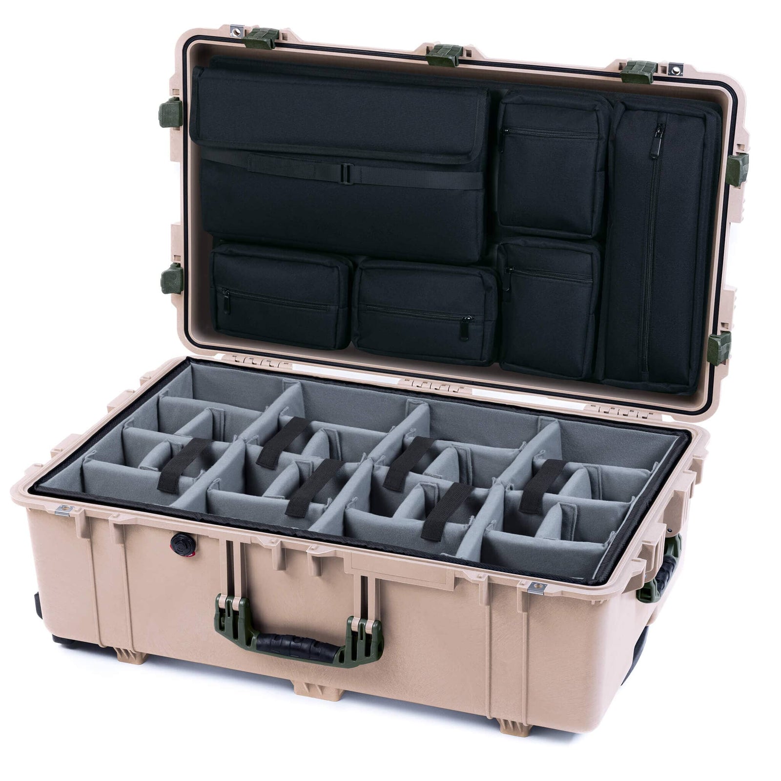 Pelican 1650 Case, Desert Tan with OD Green Handles & Latches Gray Padded Microfiber Dividers with Laptop Computer Lid Pouch ColorCase 016500-0270-310-130