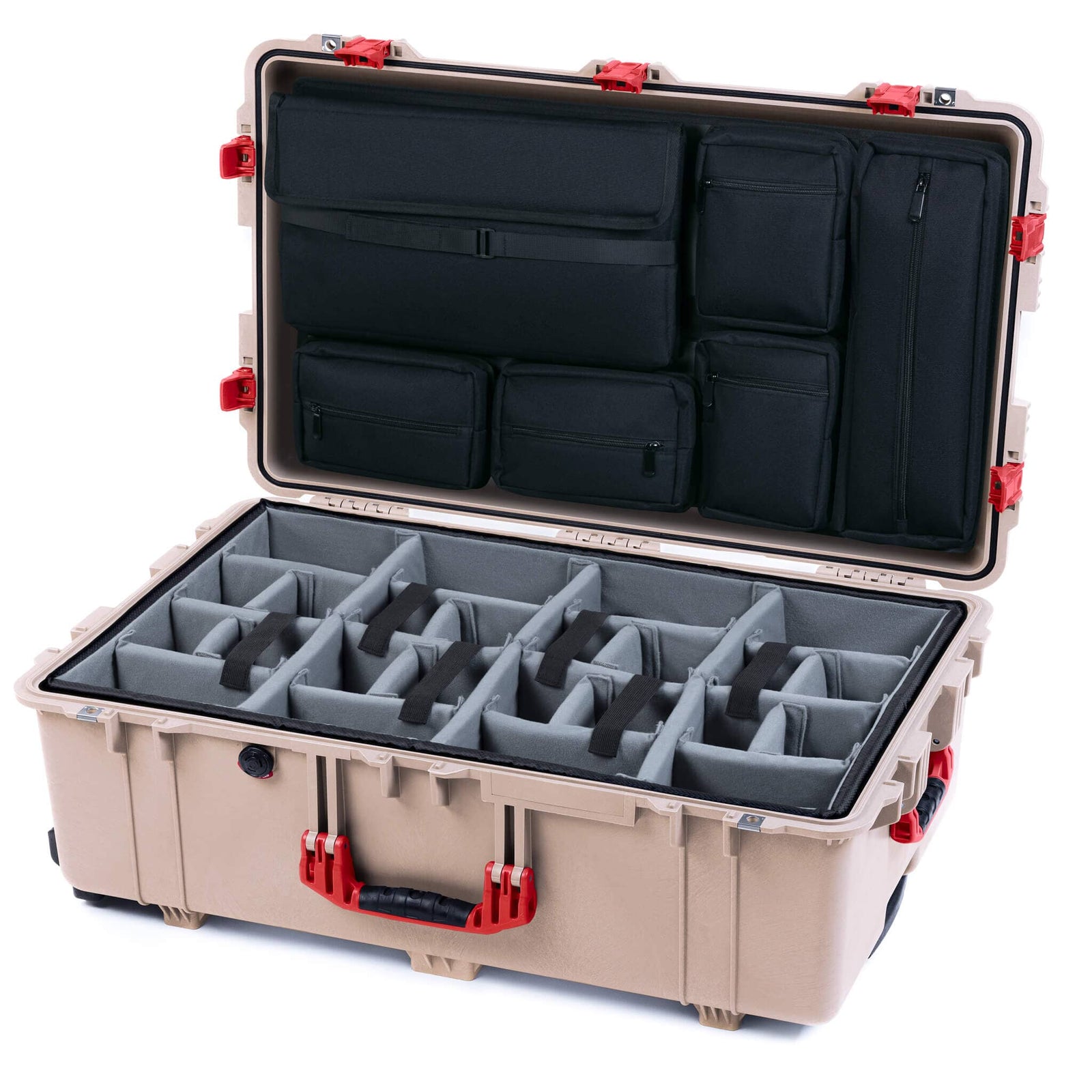Pelican 1650 Case, Desert Tan with Red Handles & Push-Button Latches Gray Padded Microfiber Dividers with Laptop Computer Lid Pouch ColorCase 016500-0270-310-321