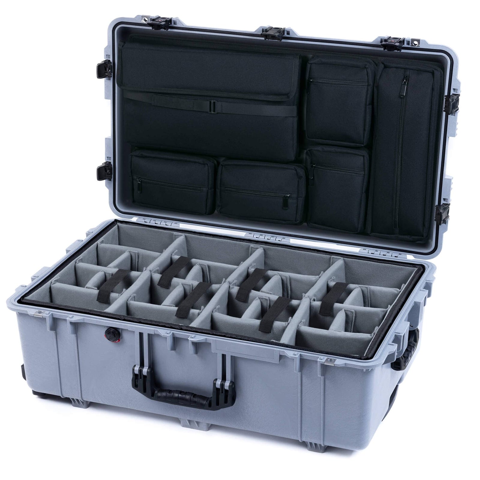 Pelican 1650 Case, Silver with Black Handles & TSA Locking Latches Gray Padded Microfiber Dividers with Laptop Computer Lid Pouch ColorCase 016500-0010-180-L10