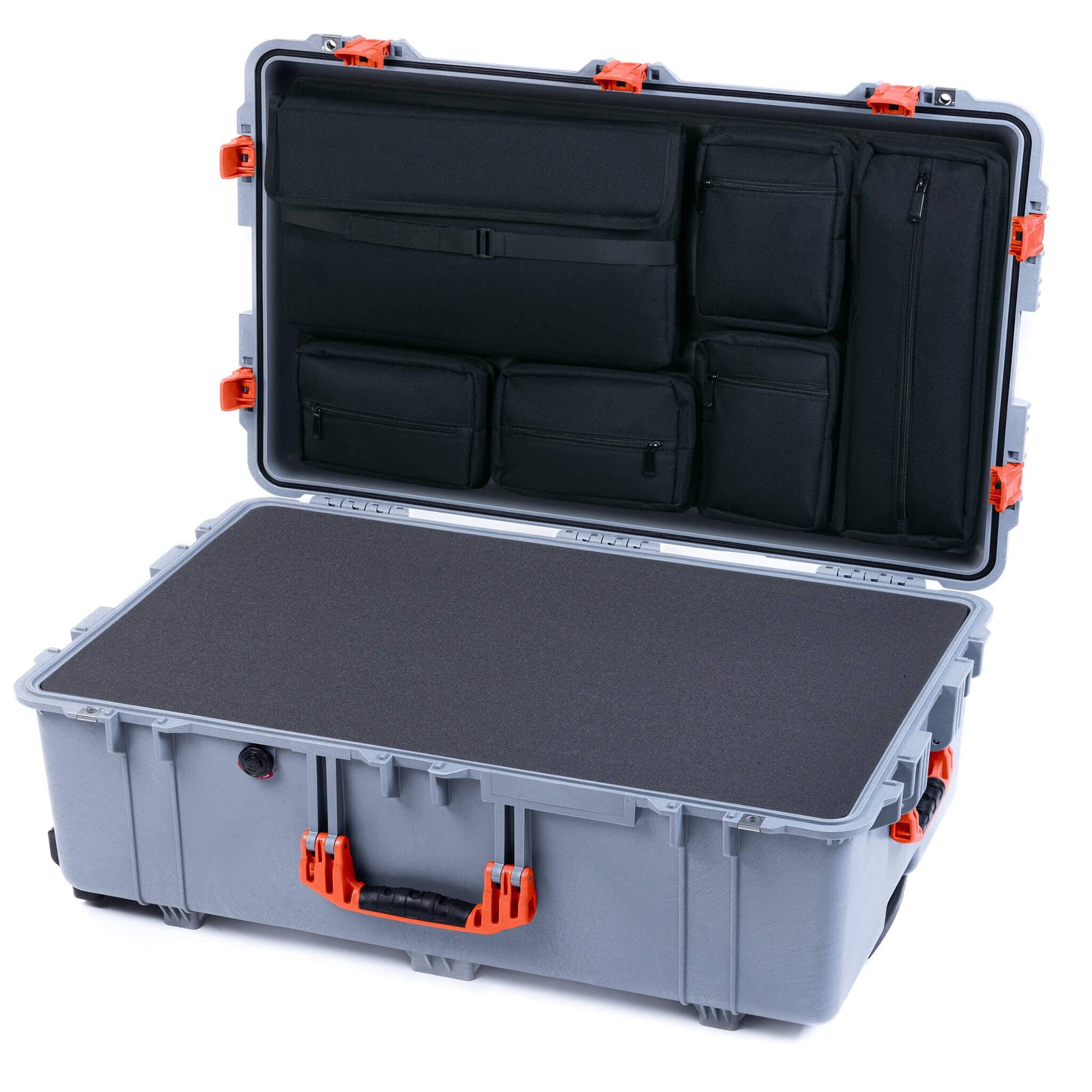 Pelican 1650 Case, Silver with Orange Handles & Push-Button Latches Pick & Pluck Foam with Laptop Computer Lid Pouch ColorCase 016500-0201-180-151