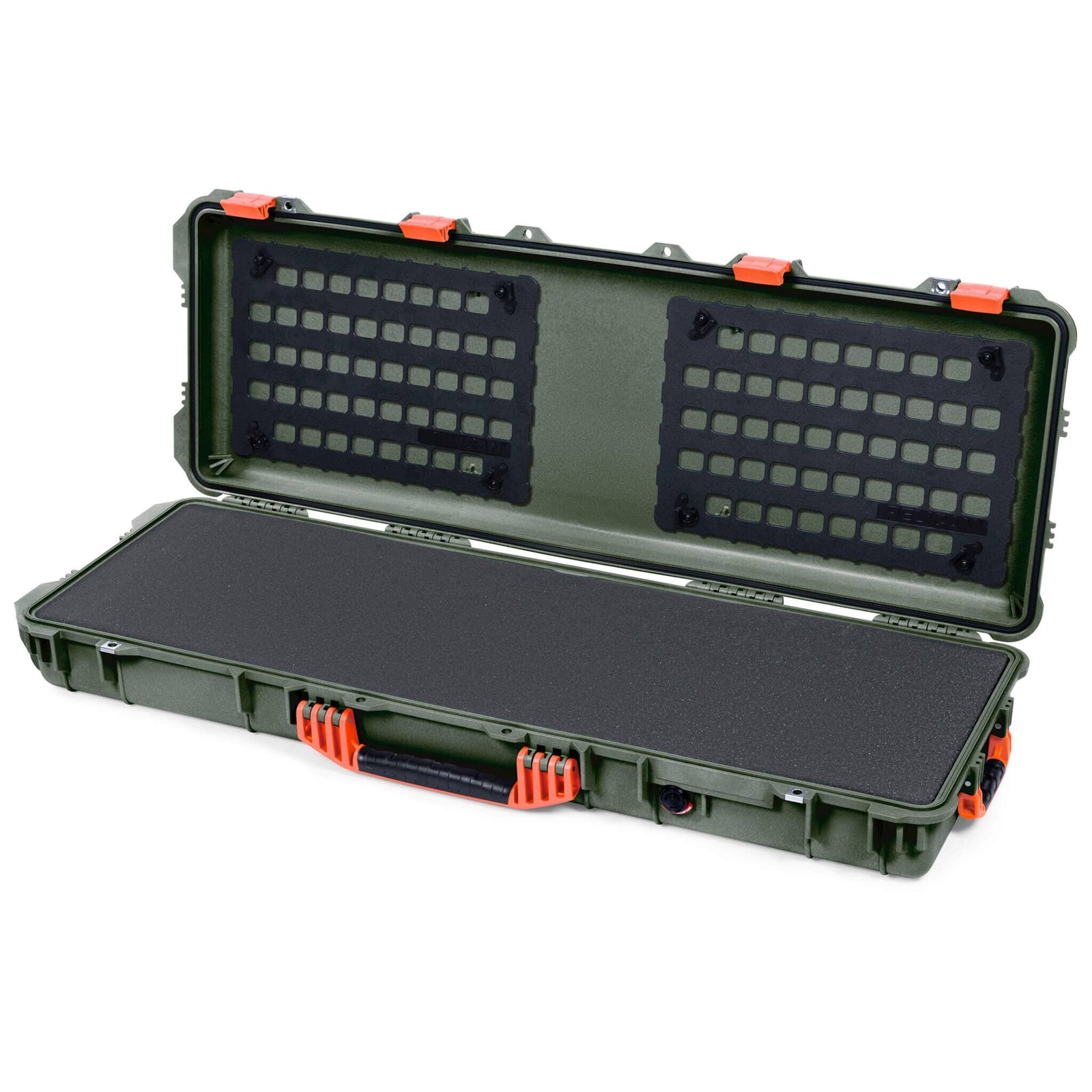 Pelican 1720 Protector Long Case, OD Green with Orange Handles & Latches (Gen2) Solid Foam with EZ-Click™ MOLLE Panels ColorCase 017200-0402-130-150