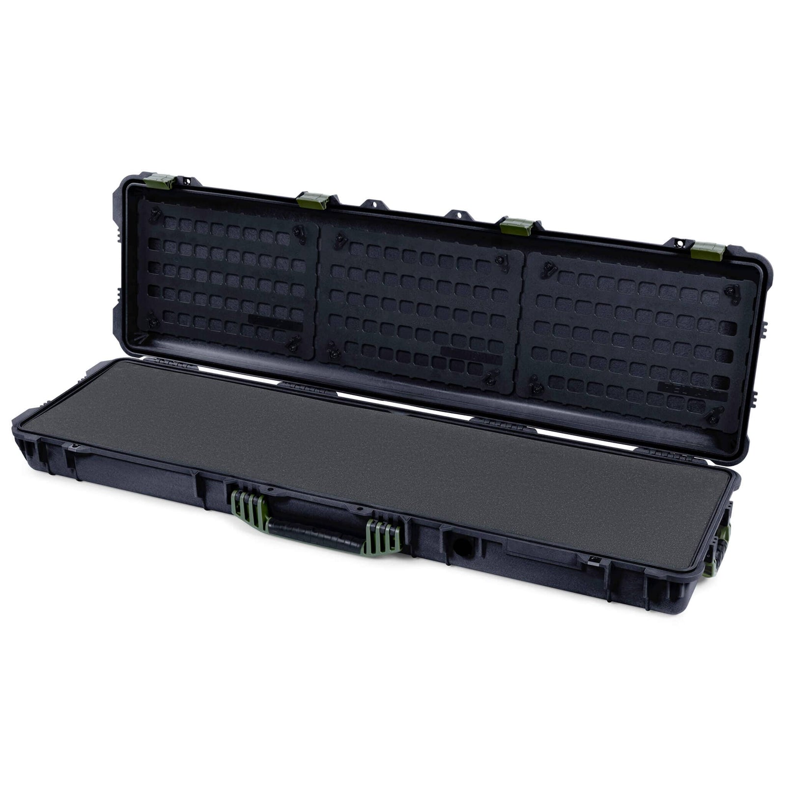 Pelican 1750 Protector Long Case, Black with OD Green Handles & Latches (Gen2) Pick & Pluck Foam with EZ-Click™ MOLLE Panels ColorCase 017500-0401-110-130