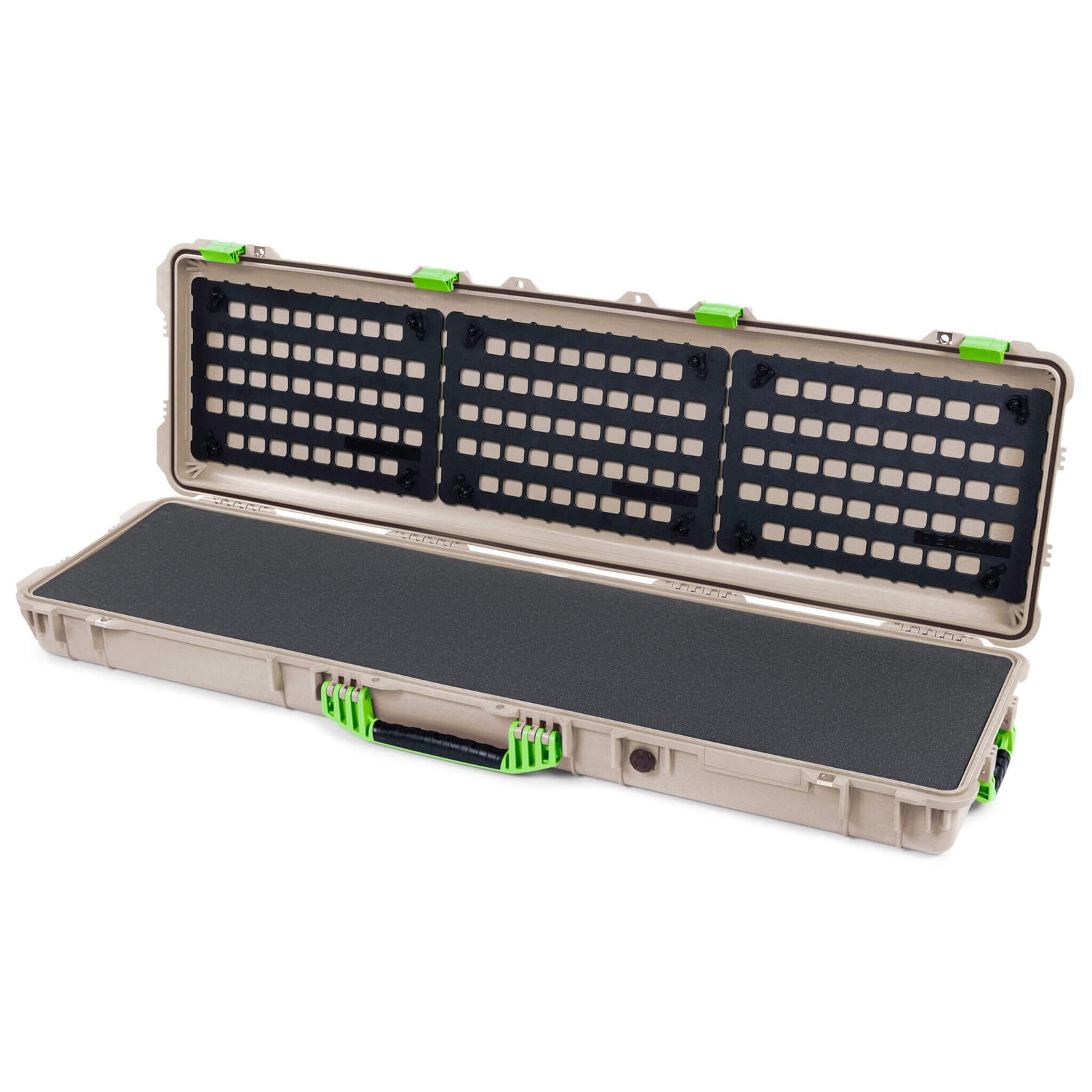 Pelican 1750 Protector Long Case, Desert Tan with Lime Green Handles & Latches (Gen2) Pick & Pluck Foam with EZ-Click™ MOLLE Panels ColorCase 017500-0401-310-300