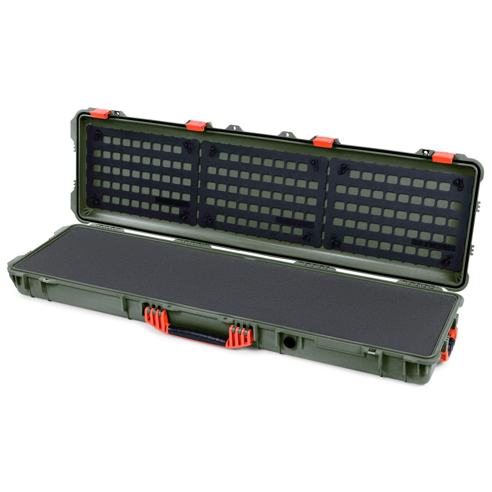 Pelican 1750 Protector Long Case, OD Green with Orange Handles & Latches (Gen2) Solid Foam with EZ-Click™ MOLLE Panels ColorCase 017500-0402-130-150