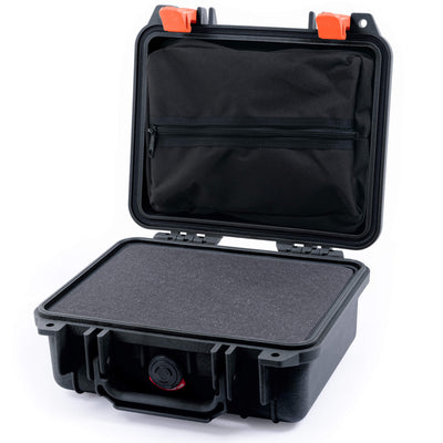 Pelican 1200 Case, Black with Orange Latches Pick & Pluck Foam with Zipper Pouch ColorCase 012000-0101-110-150