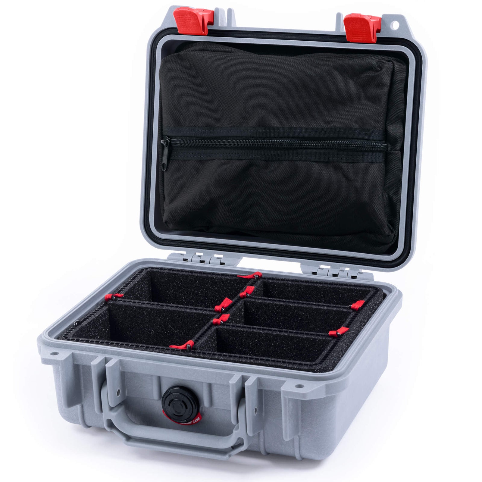 Pelican 1200 Case, Silver with Red Latches TrekPak Divider System with Zipper Pouch ColorCase 012000-0120-180-320