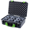 Pelican 1500 Case, Black with Lime Green Handle & Latches Gray Padded Microfiber Dividers with Convolute Lid Foam ColorCase 015000-0070-110-300