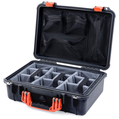 Pelican 1500 Case, Black with Orange Handle & Latches Gray Padded Microfiber Dividers with Mesh Lid Organizer ColorCase 015000-0170-110-150