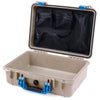 Pelican 1500 Case, Desert Tan with Blue Handle & Latches Mesh Lid Organizer Only ColorCase 015000-0100-310-120