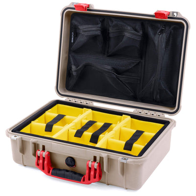 Pelican 1500 Case, Desert Tan with Red Handle & Latches Yellow Padded Microfiber Dividers with Mesh Lid Organizer ColorCase 015000-0110-310-320