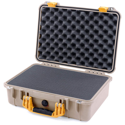 Pelican 1500 Case, Desert Tan with Yellow Handle & Latches Pick & Pluck Foam with Convolute Lid Foam ColorCase 015000-0001-310-240