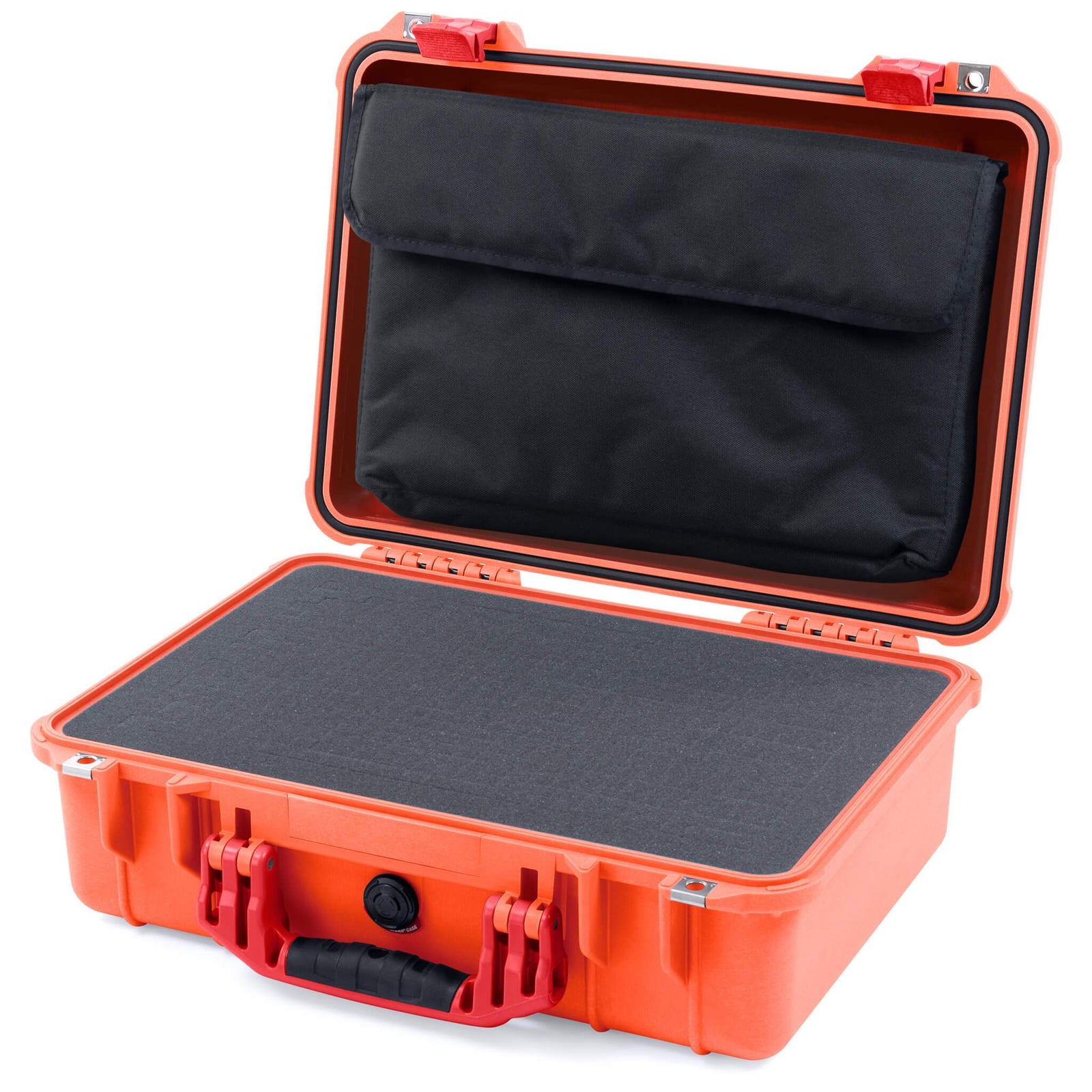 Pelican 1500 Case, Orange with Red Handle & Latches Pick & Pluck Foam with Computer Pouch ColorCase 015000-0201-150-320