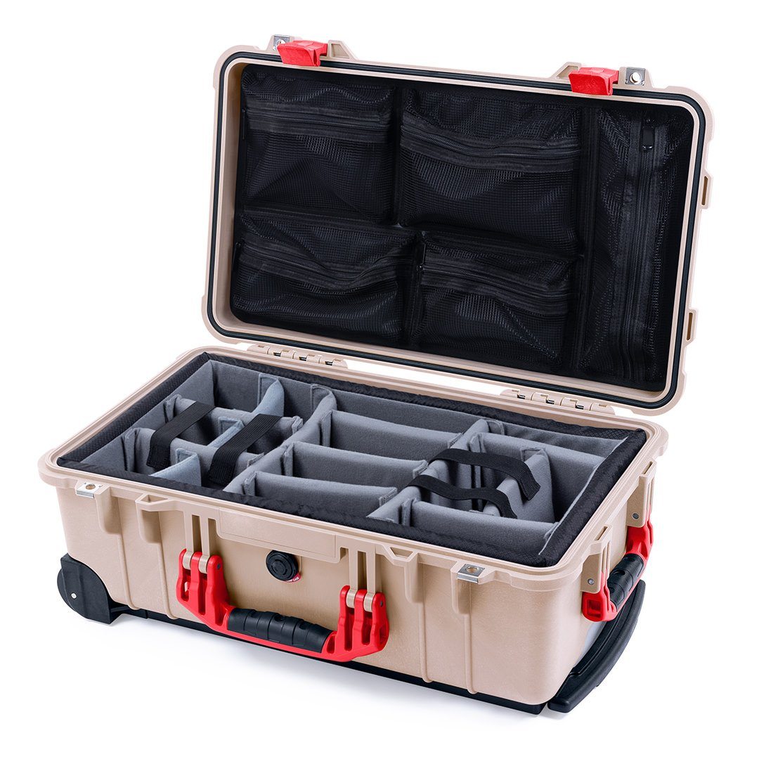 Pelican 1510 Case, Desert Tan with Red Handles & Latches Gray Padded Microfiber Dividers with Mesh Lid Organizer ColorCase 015100-0170-310-320