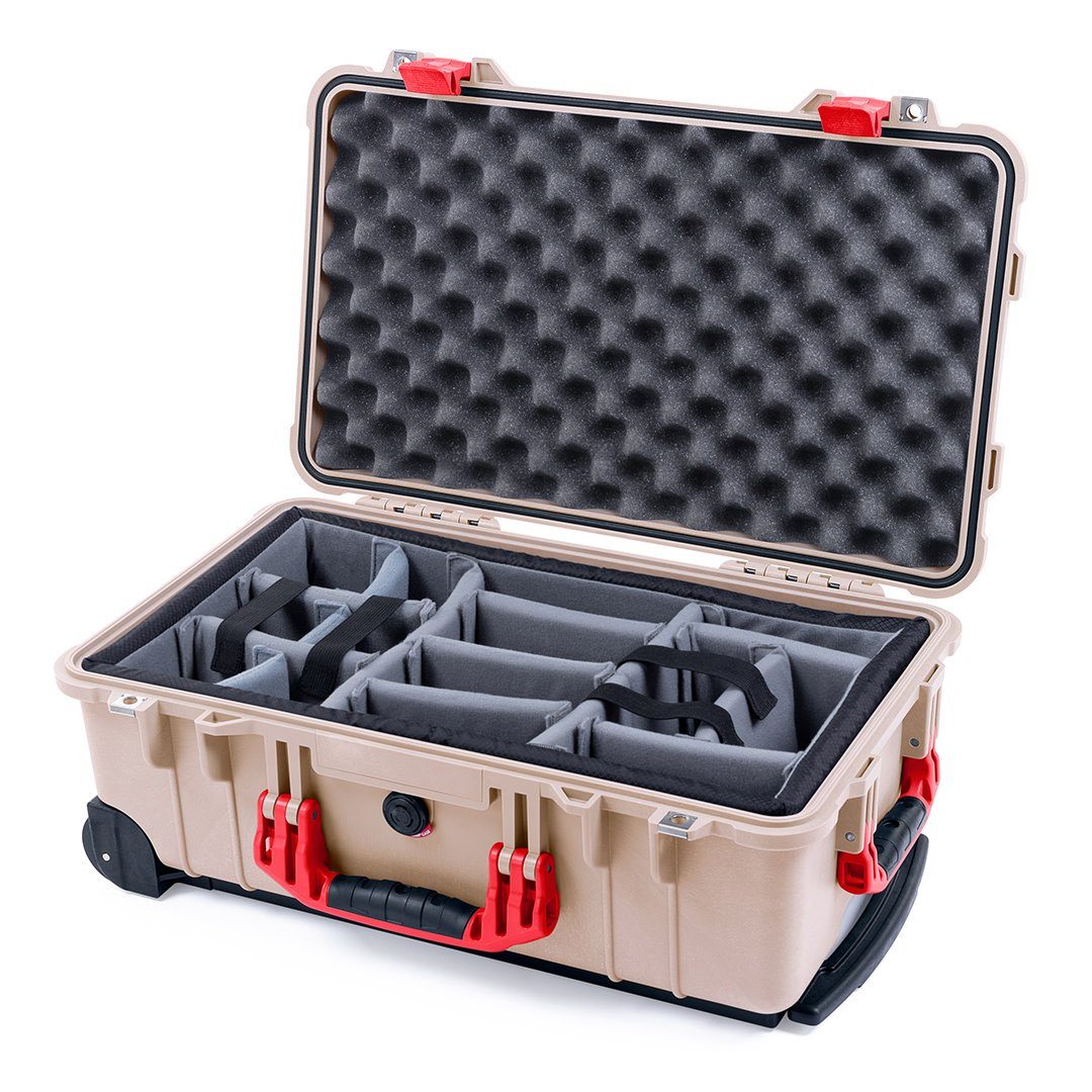 Pelican 1510 Case, Desert Tan with Red Handles & Latches Gray Padded Microfiber Dividers with Convolute Lid Foam ColorCase 015100-0070-310-320